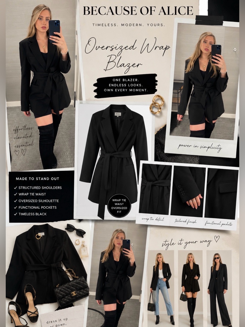 Because of Alice Oversized Wrap Blazer - Black